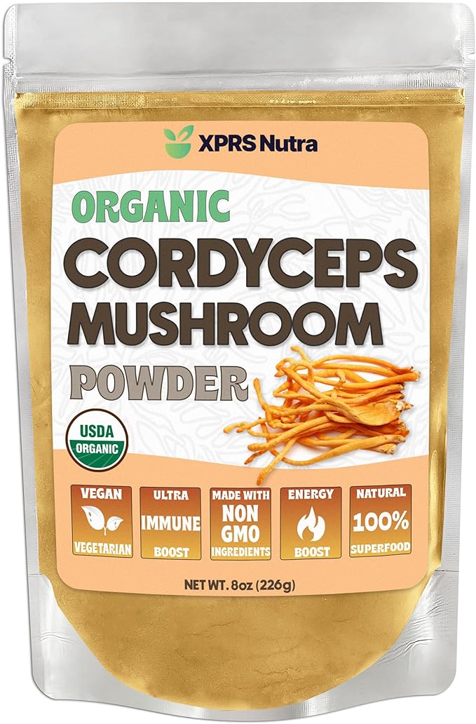 XPRS Nutra Organic Cordyceps Mushroom Powder - Premium Cordyceps Mushrooms - Real Mushrooms Cordyceps Powder Supplement for Energy and Immune Support - Vegan-Friendly Mushroom Cordyceps (8 oz)