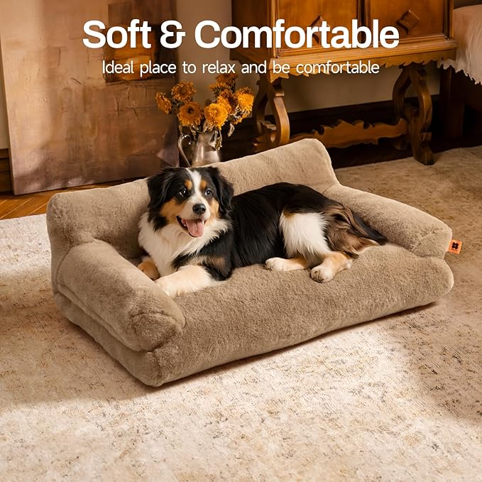 MEWOOFUN Cat Bed for Indoor Cats, Washable Dog Beds for Small Medium Dogs & Cats, Fluffy Cat Couch with Non-Slip Bottom, 26×19×13 Inch (Camel, 33.5" L x 25.6" W x 11.5" Th)