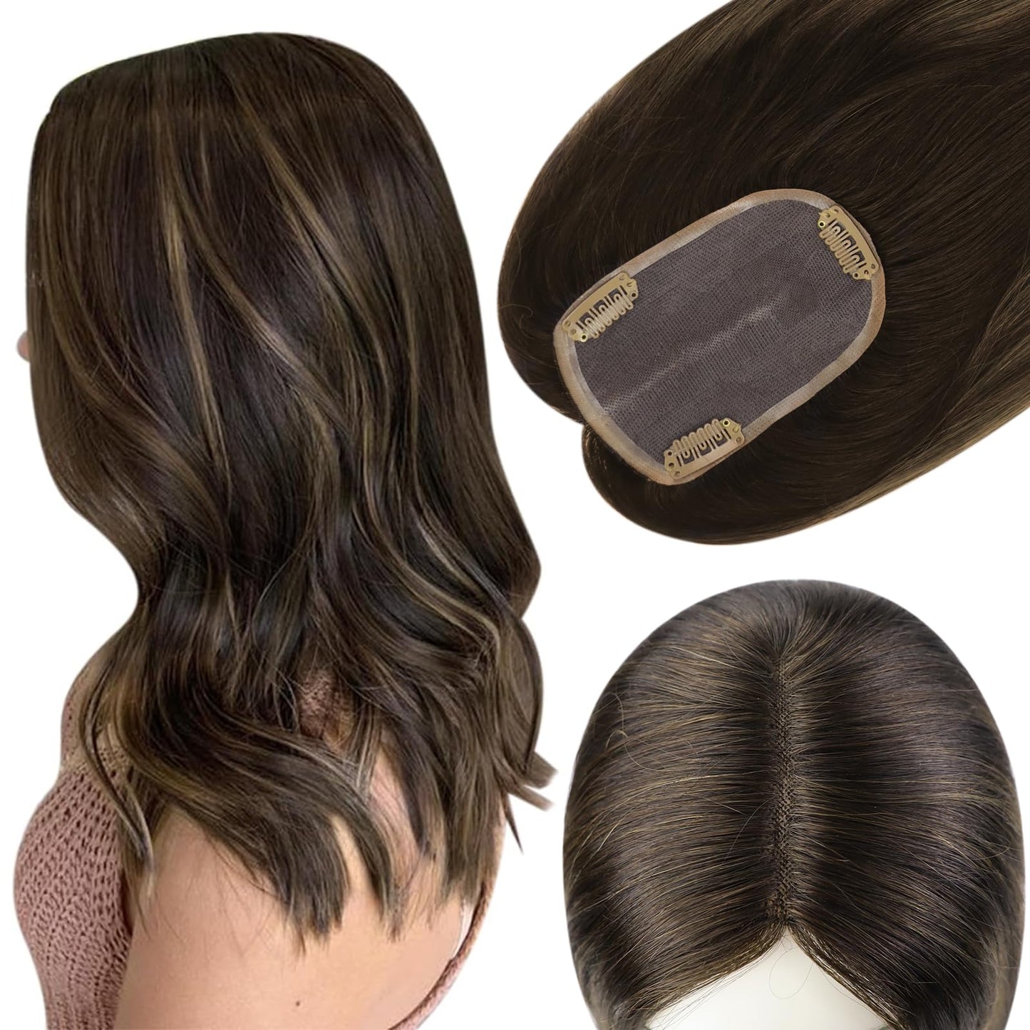 Full Shine Clip In Toppee Silk Human Hair Topper For Women Topper 3 * 5Inch Balayage Color Black With Blonde 12 Inch Hidden Crow