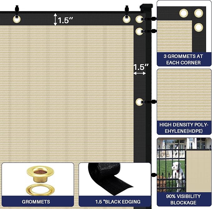 Windscreen4less Privacy Fence Screen Heavy Duty Windscreen Fencing Mesh Fabric Shade Net Cover with Brass Grommtes for Outdoor Wall Garden Yard Pool Deck, 8'x1' Beige