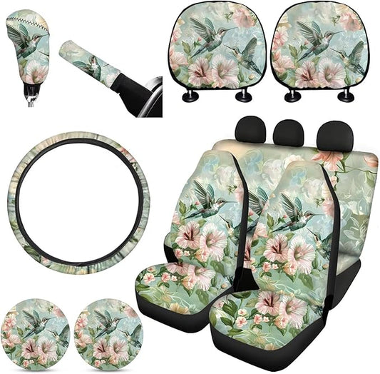 FKELYI Floral Hummingbird Car Seat Covers Full Set - Steering Wheel, Gear Shift, Handbrake, Headrest Covers & Cup Coasters