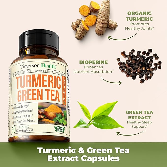 Turmeric Supplement & Green Tea Extract Capsules. Green Tea Supplement with Organic Turmeric Curcumin with Black Pepper & Vitamin C for Joint Health, Antioxidant Support & Healthy Metabolism. 60 Caps