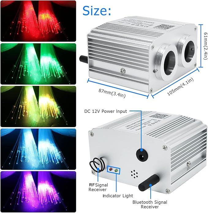AZIMOM Dual Port 16W Twinkle Bluetooth Fiber Optic Starlight Kits 900pcs0.03in9.8ft Fibers Strands Meteor Shooting Star Sound Activated RGBW APP/Remote for Car Home Ceiling Headliner Decor