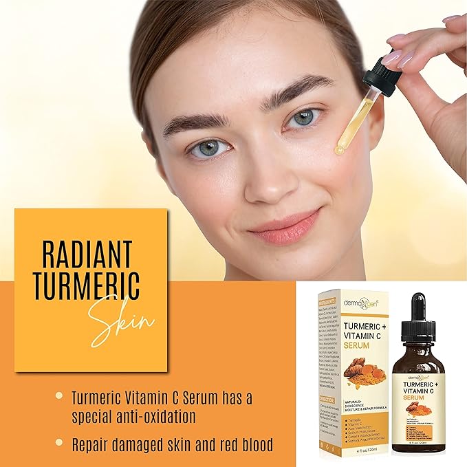 Turmeric Serum for Face + Glow-Boosting Vitamin C Serum –Organic Moisturizer for Acne, Dark Spots & Clear Skin– Boosts Hydration for Dry & Tired Skin – Anti-Aging Formula for Glowing Skin, 4 FL OZ