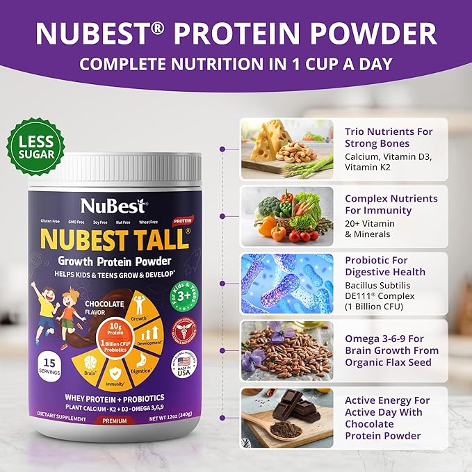 NuBest Tall Protein Powder for Kids & Teens - Chocolate Protein Powder with Red Algae Calcium, Probiotics, Omega 3-6-9, Vitamin D3 K2 & Magnesium from Marine Algae - Bone Strength & Immunity - Pack 2