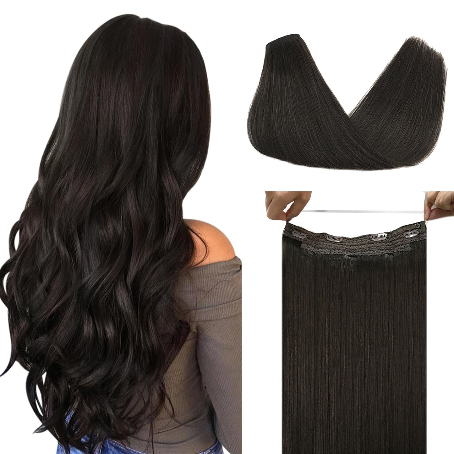 Doores Hair Extensions Real Human Hair, Dark Brown 22 Inch 120G, Wire Hair Extension Invisible Hairpiece Wire Extensions With Tr