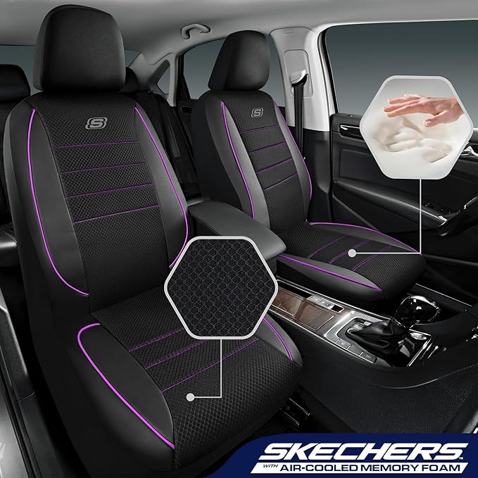 Skechers Air-Cooled Memory Foam Seat Covers,Mesh Thick Car Seat Covers,Piping Leather Car Seat Covers Front Seats,Airbag Compatible,Automotive Comfort Universal FitMost Cars,Vans,Truck,SUV,Purple