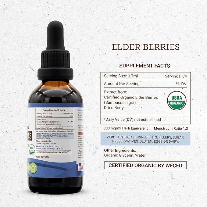 Secrets of the Tribe Elder Berries USDA Organic | Alcohol-Free Extract, High-Potency Herbal Drops | Made from 100% Certified Organic Elder Berries (Sambucus Nigra) Dried Berry (2 oz)