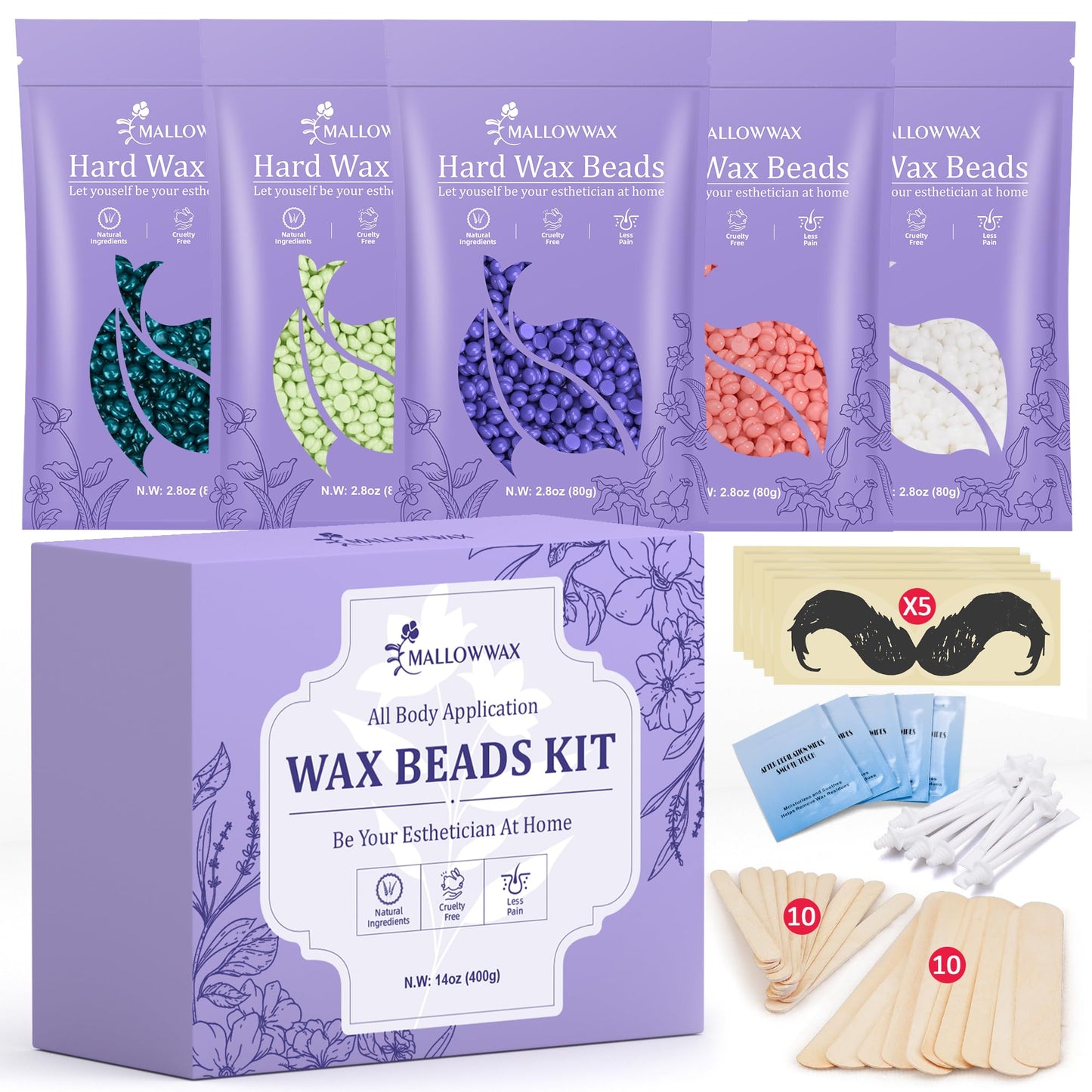 Mallowwax Wax Beads For Hair Removal -5 Pack Hard Wax For Sensitive Skin, Ideal For Bikini, Brazilian, Face, Eyebrow, Legs, Armp