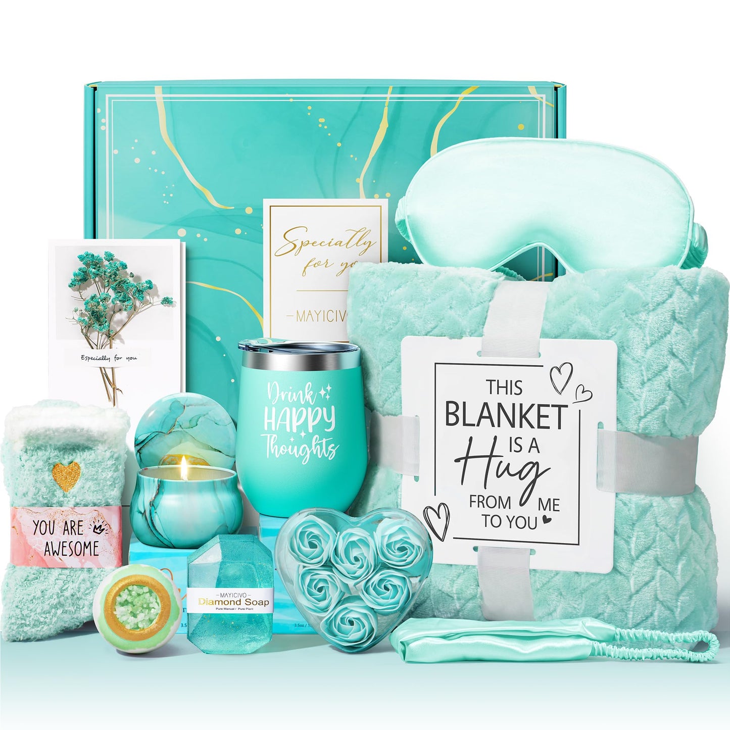 Birthday Gifts for Women Self Care Gifts Get Well Soon Gifts, Rose Relaxing Spa Gifts Basket Care Package w/ Luxury Flannel Blanket, Unique Mothers Day Gifts for Mom Her Friend Sister Wife Grandma