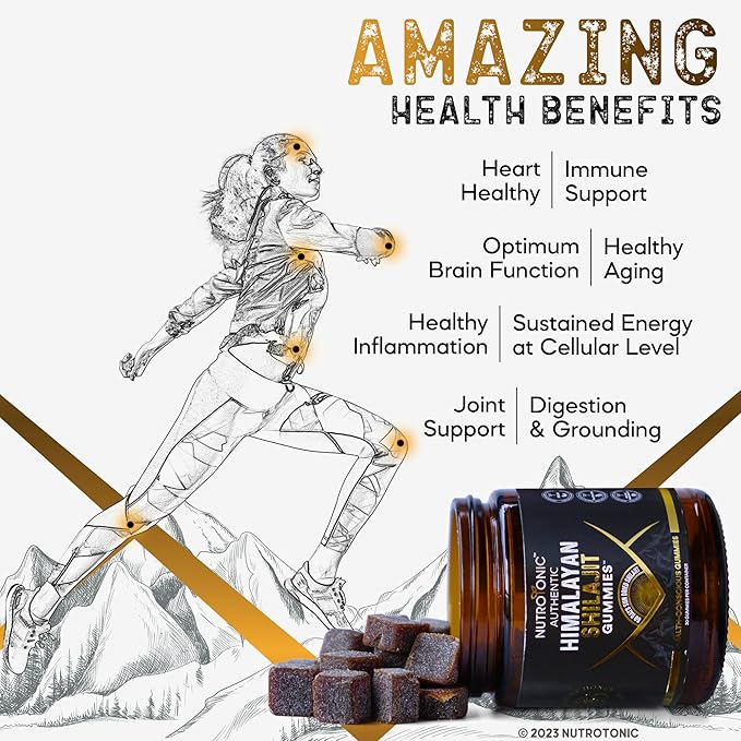 Organic SHILAJIT Gummies by NutroTonic | Organic Pomegrenate Flavor | Cane Sugar Free, Sweetened by Organic Manuka Honey | Clean Formula | Heart & Brain, Cellular Health 30 Healthy Gummies (1)