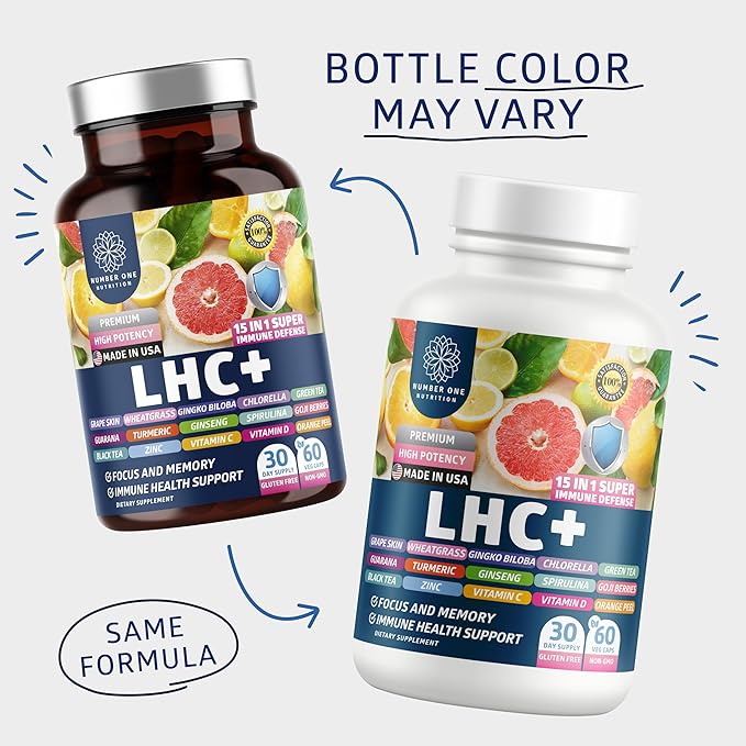 N1N LHC+ 15-in-1 Immune Support Supplement with Spirulina, Turmeric, Ginseng, Guarana, Vitamin D and Vitamin C for Immunity, Energy and Long-Haul Relief, 60 Veg Caps, Bottle Color May Vary