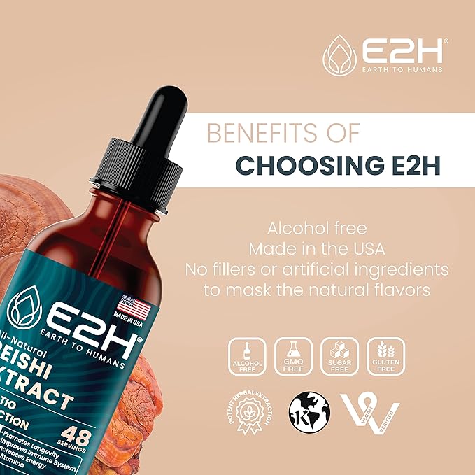 E2H Reishi Mushroom Extract - All-Natural Energy, Vitality and General Wellness Support from Advanced Mushroom Supplement - Reishi Mushrooms Supplement - Non-GMO, Vegan (3 Bottles)