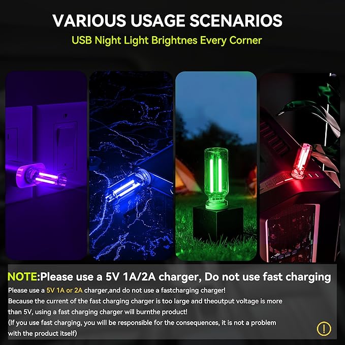 4 PCS USB Night Light, Touch Dimmable Mini USB LED Car Interior Ambient Lights, Portable Plug-in Glass Bottle Night Lamp for Car, Tent, Desk, Bedside(1Red1Blue1Green1Purple)