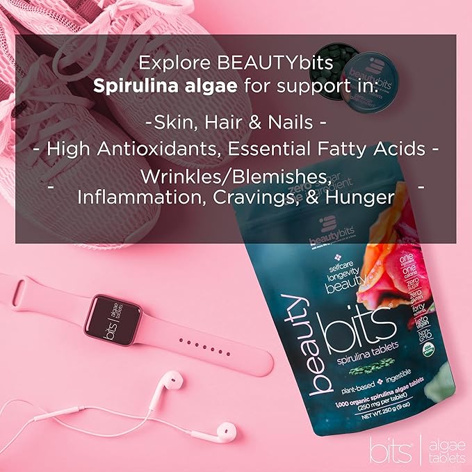 BEAUTYbits - Organic Spirulina Tablets - Algae Superfood - Collagen, Protein, Chlorophyll - Hair, Nails, & Skin Care - Vegan, Keto, Gluten Free - Self Care - Skincare Beauty Gifts - 360 Tablet Can