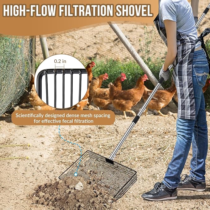 SlowTon 15-inch Large Chicken Poop Scooper - 5 in 1 Multifunctional Chicken Litter Scoop with 40 to 77in Stainless Steel Handle, Heavy Duty Chicken Coop Cleaning Tool Litter Sifting Shovel