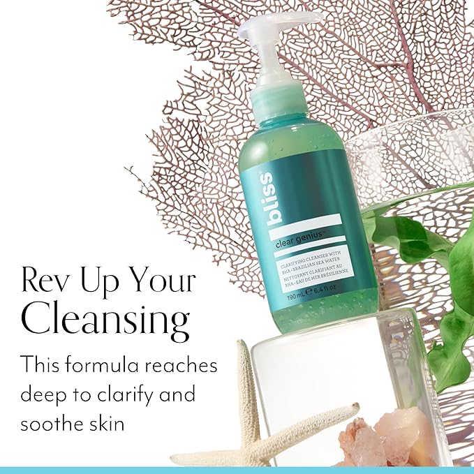 Bliss Clear Genius Clarifying Gel Cleanser – 6.4 Fl Oz – Salicylic Acid BHA to Purify Pores, Remove Excess Oil & Dirt – Non-Drying, Vegan & Cruelty-Free – Tea Tree Scent – Suitable For All Skin Types