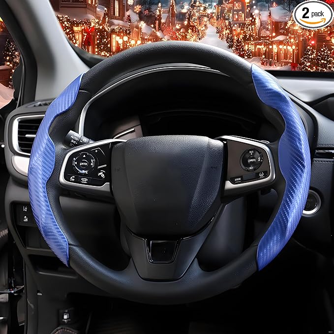 2 Pc Car Carbon Fiber Steering Wheel Cover, Anti-Skid & Scratch-Proof Ultra Thin Steering Wheel Cover Protector Men/Women,100% Universal Fit Steering Wheel,Car Accessories Gifts