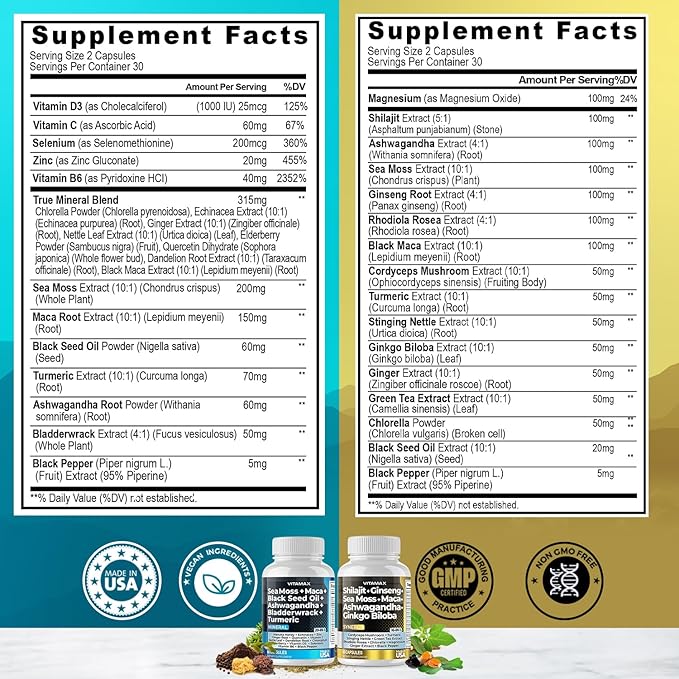 Pure Himalayan Shilajit Supplement, Sea Moss, Ashwagandha, Bladderwrack, Gingko Biloba, Organic Capsules & Trace Mineral for - Non-GMO - Vegan - Men and Women – Made in USA