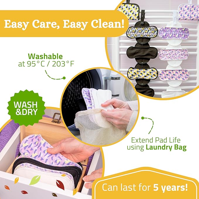 Non-Slip Organic Reusable Period Pads for Heavy Flow & Incontinence (L+XL, 6-Pack); High-Temp Cotton Washable Cloth Pads for Women; Non-Irritating, Soft Reusable Pad Menstrual for Comfortable Care