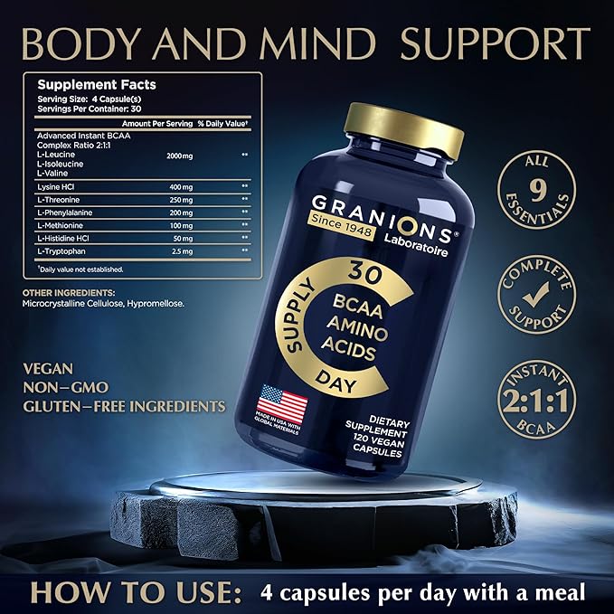 Essential Amino Acids Supplement for Men & Women - All 9 BCAAs EAA Supplements Formula - Leucine Amino Acid, Lysine, Tryptophan, Advanced Amino Energy & Muscle Recovery - 240 Vegan BCAA Capsules