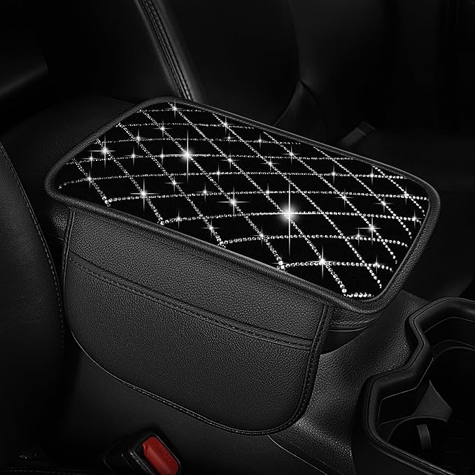 Bling Armrest Cover for Car Compatible with Jeep Cherokee Compass Gladiator Liberty Patriot Renegade Wrangler - Center Console Cover with 2 Storage Pockets and Crystal Diamond(Black)