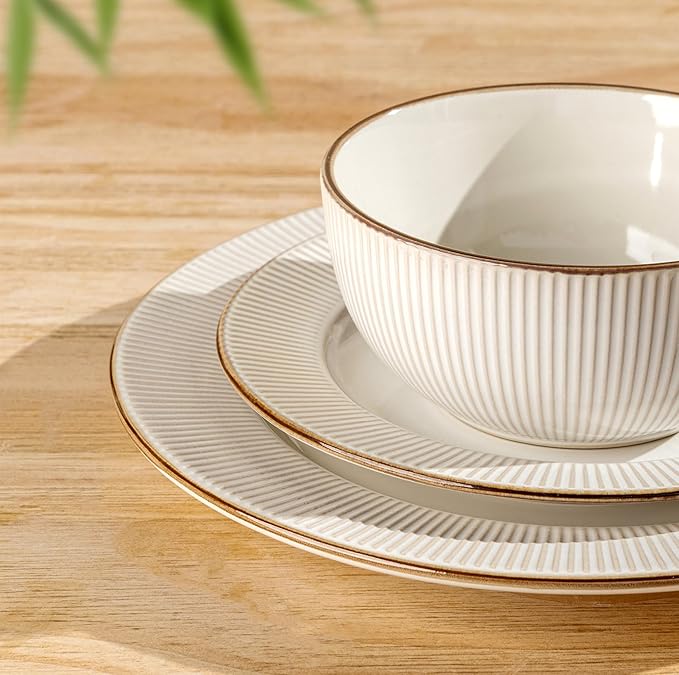 GBHOME Ceramic Dinnerware Sets,18 pcs Embossed Elegant Stoneware Plates and Bowls Sets, Housewarming Wedding Gift | Dishwasher & Microwave Safe | Dishes Set Service for 6
