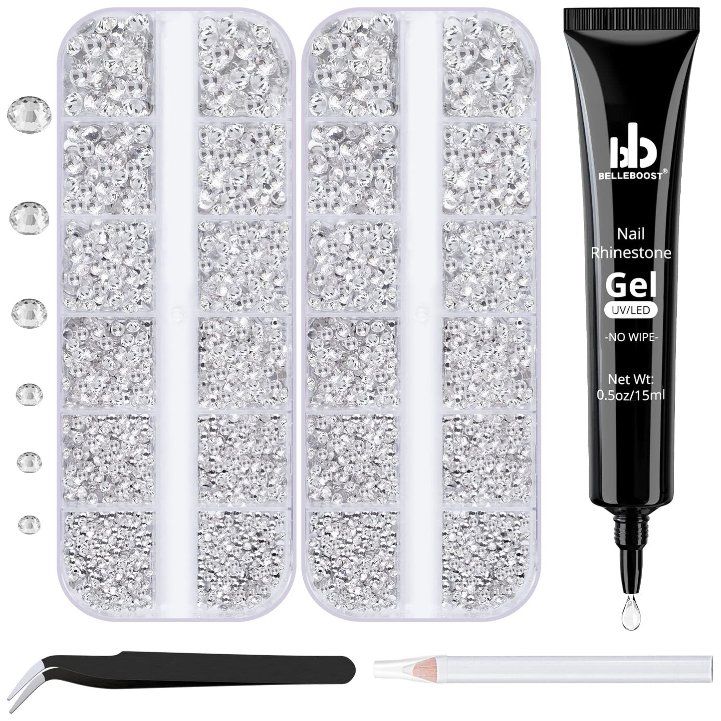 Belleboost Nail Art Rhinestone Glue Gel&2 Boxes Flatback Gems Accessories Kit, 1 Tube Of 15Ml Rhinestone Gel Glue(Uv/Led Needed)