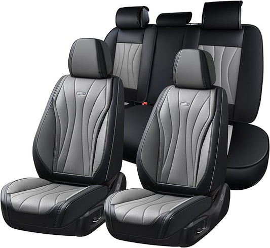 Coverado Car Seat Covers, 5 Seat Front and Back Seat Covers, Waterproof Seat Cover Full Set, Leather Seat Cover for Cars, Car Seat Protector, Car Seat Cushion Universal Fit for Most Cars (Black&Gray)