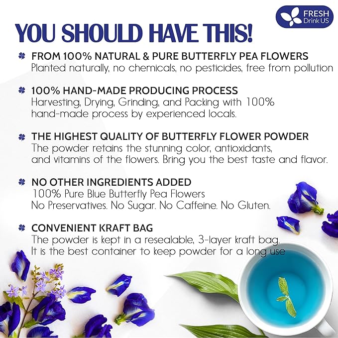 FreshDrinkUS Premium 16oz Butterfly Pea Flower Powder, 100% Natural and Pure, No Additives, No Gluten, No Sugar, Vegan