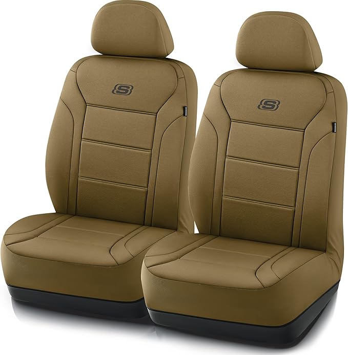 Skechers Memory Foam Car Seat Covers,Lycra Fabric Seat Covers, Car Seat Covers Front Seats Airbag Compatible, Automotive Comfort Protection for Most Cars,Trucks, SUVs(Brown)