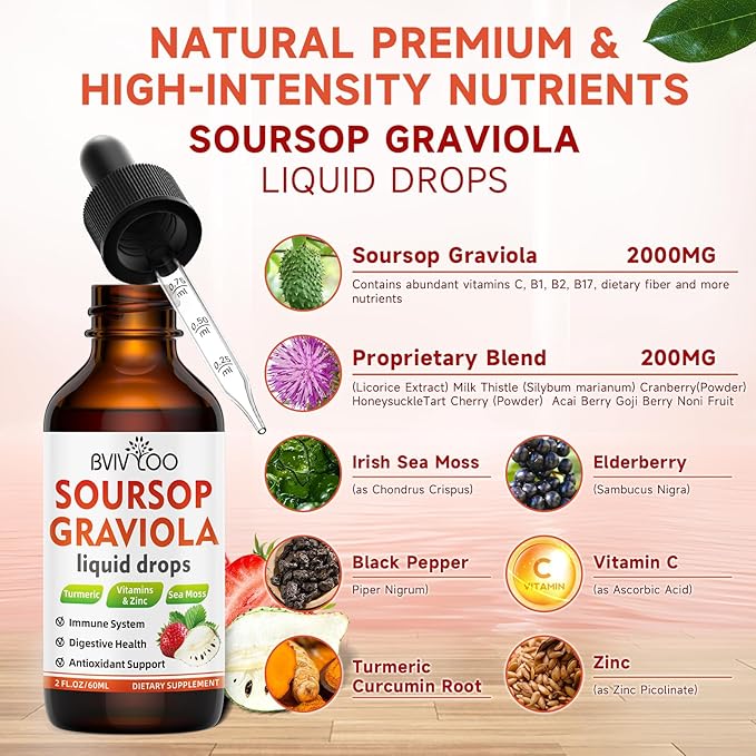 Soursop Graviola Liquid Drops for Cell Support & Regeneration, Immune Boost, Relax, Liver and Sleep, Soursop Bitters Liquid, Sugar/Gluten Free, Natural Strawberries Flavor - 4 Fl Oz (120ml) Bottle