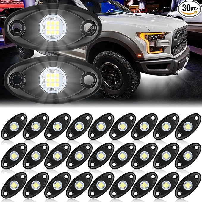 Baquler 30 Pods Rock Lights White Underglow Lights for Trucks Car SUV Waterproof Shockproof LED Ambient Rocklights Automotive Trailer Lighting for Motorcycle Boat ATV UTV(9LED Chips Style)