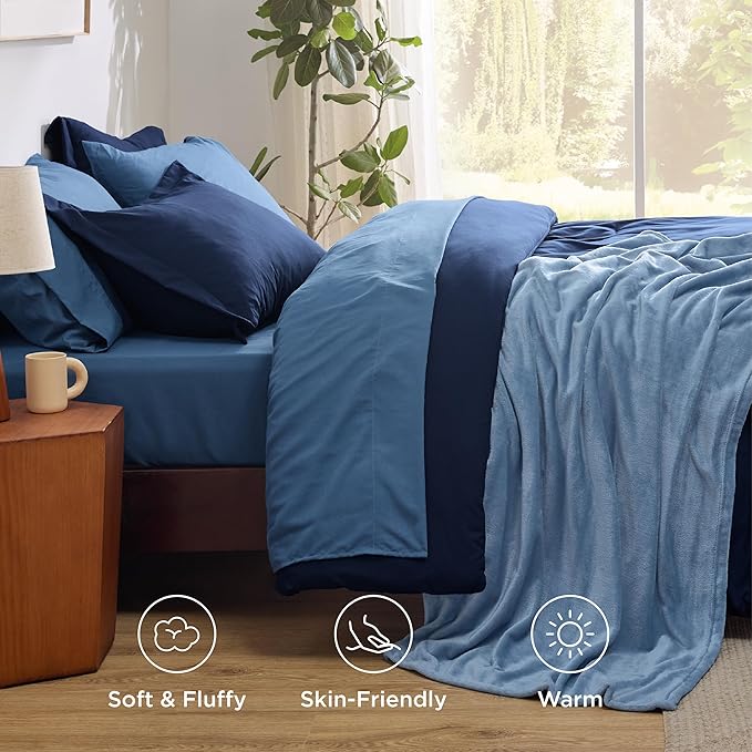 Bedsure Queen Comforter Set Navy Blue, 8 Pieces Prewashed Queen Size Bed in a Bag with Soft Fleece Bed Blanket, Down Alternative Bedding Set for All Seasons, Sheets, Pillowcases & Shams