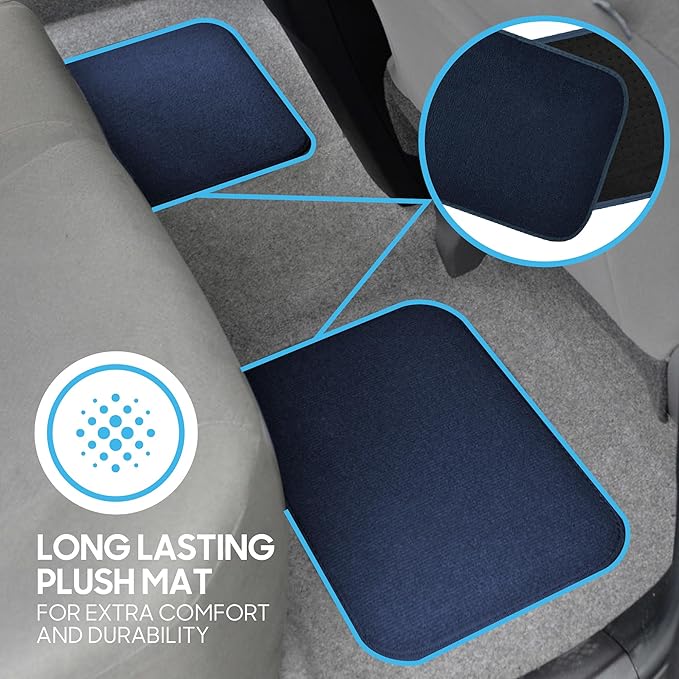 BDK Premium Blue Carpet Floor Mats for Cars - Universal Fit Interior 4-Piece Car Mats Full Set with Vinyl Heel Pad Protector - Cute Car Accessories Interior Floor Covers for SUVs & Trucks