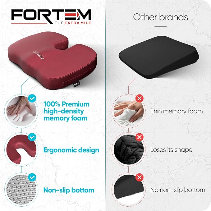 FORTEM Seat Cushion, Office Chair Cushion, Desk Chair Memory Foam, Sciatica Coccyx Tailbone Pain Relief, Pressure Relief, Sitting Pad, for Long Gaming & Sitting, Washable Cover, Non Slip