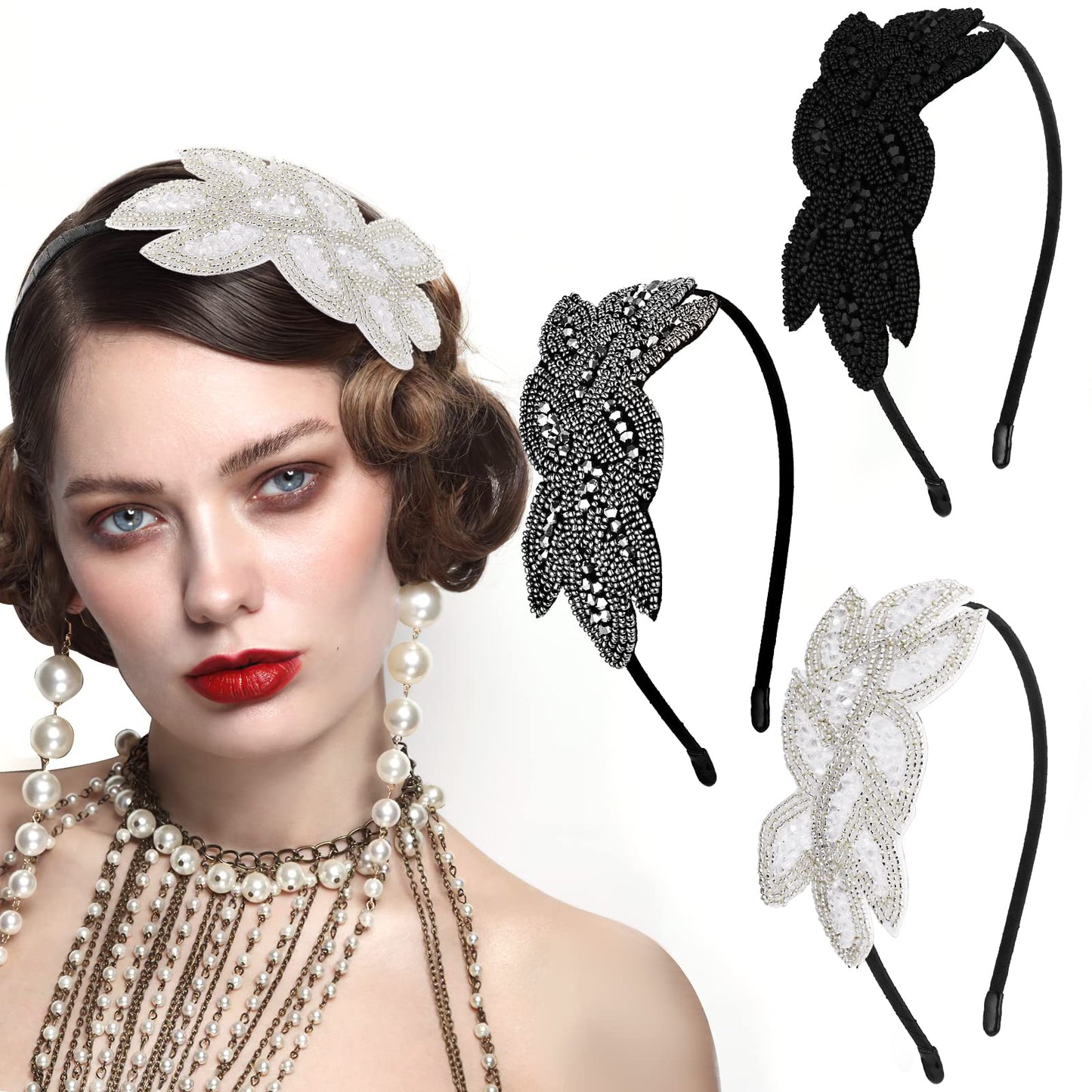 Wllhyf 3 Pieces Flapper Headpiece Beaded Leaf Headbands 1920S Rhinestone Hairbands For Women Girls Vintage Crystal Hair Accessor