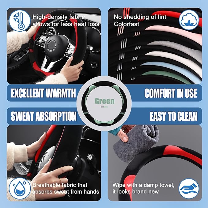 14 inch Furry Cute Steering Wheel Cover, Soft Fluffy Short Plush Auto Accessories, Non-Slip Cold-Proof Sweat-Proof Colorfast(Black with Green)