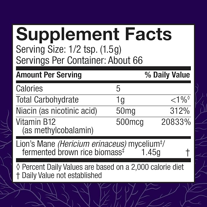 Host Defense BrainPower Stack Powder - Targeted Brain Support Supplement - Powder Mushroom Supplement with Lion's Mane, Niacin (B3) & Vitamin B12 - Herbal Brain Support - 100g (66 Servings)*