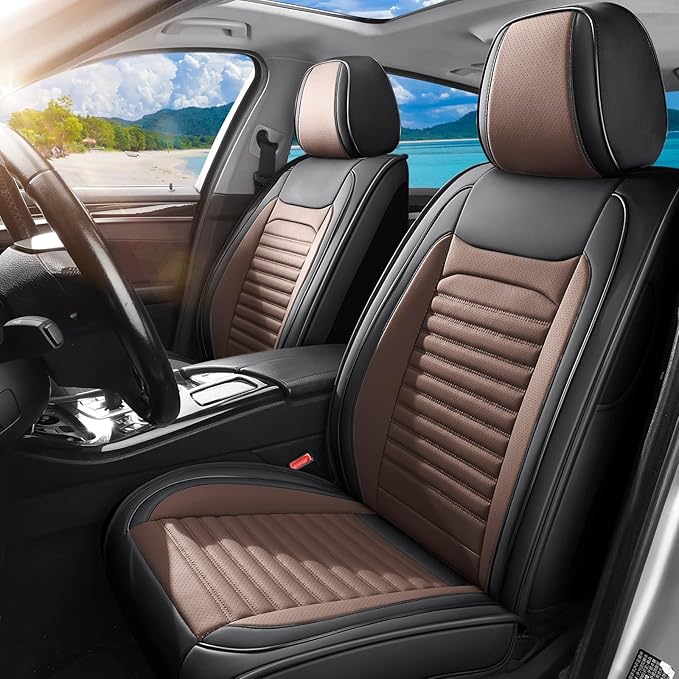 Car Seat Covers Full Set Fit for Toyota RAV4 2001-2026, Premium Faux Leather Car Seat Protector,Breathable Anti-Slip Full Wrapping Edge Seat Covers(Black&Brown,Full Set)