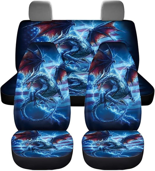 KEIAHUAN 4pcs Car Seat Covers Full Set Blue Dragon American Flag Auto Seat Cover Universal Front and Rear Seat Covers Light Breathable Automotive Interior Accessories for SUV,Sedan,Truck