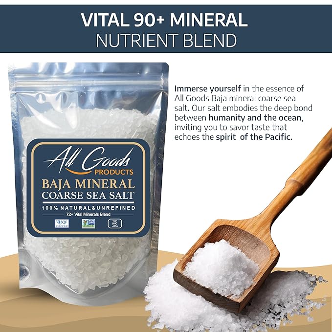 All Goods Products Baja Mineral Coarse Grain Sea Salt, 16 oz Natural Salt from Mexico, Unrefined, Hand-Harvested, Loaded with 90+ Essential Minerals, Kosher, 30% Low Sodium.