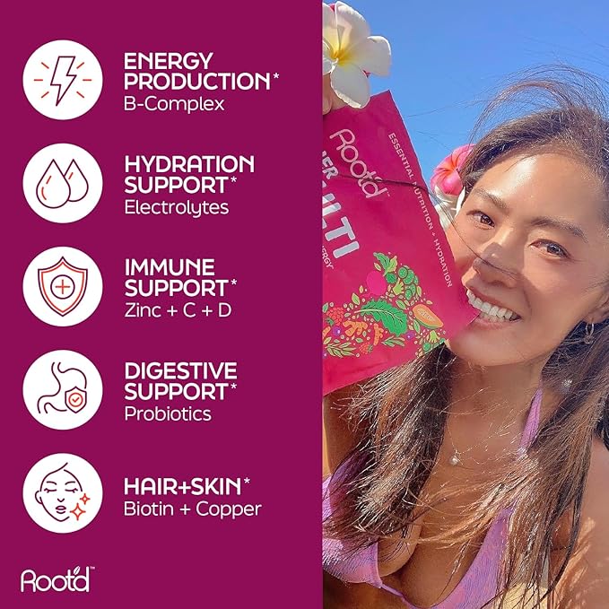 Root'd Multivitamin Powder for Women - 25 Vitamins & Minerals with 3X Electrolytes, 9 Organic Superfoods, Probiotics & Enzymes, Sugar-Free Multivitamin & Hydration | 30 Vitamin Drink Mix Packets