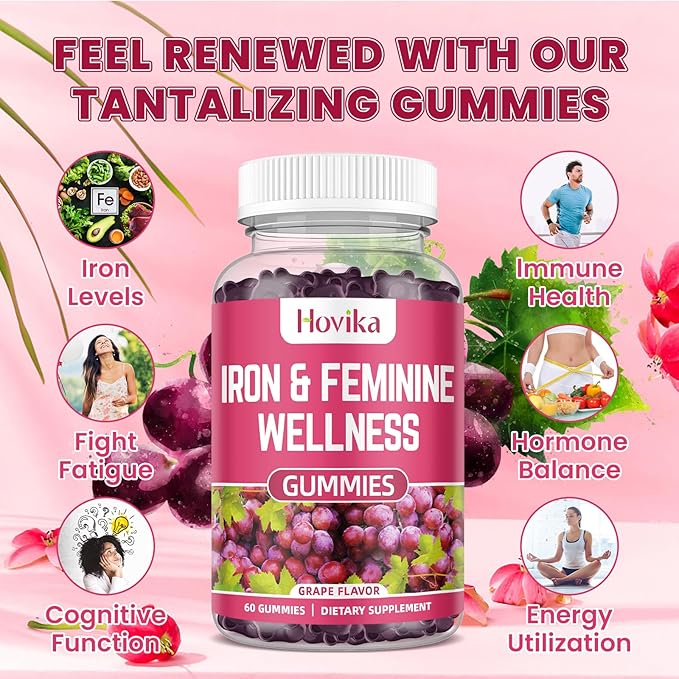 Iron & Hormone Balance for Women Gummies, 40mg Iron Supplement Anemia with multivitamin for Women, Zinc, Selenium, Iodine - for Iron Deficiency - Natural Hormonal Support for PMS, Vegan 60 Count