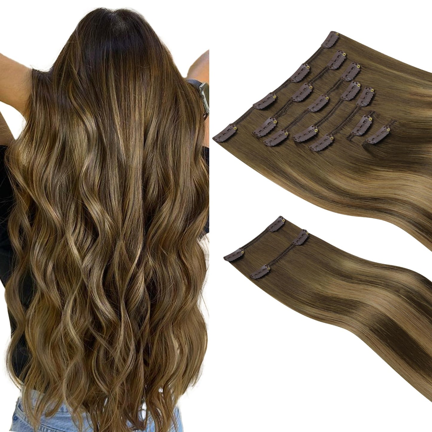 Hotbanana Clip In Hair Extensions Real Human Hair 140G 9Pcs 24 Inch Balayage Chocolate Brown To Caramel Blonde Clip In Human Hai