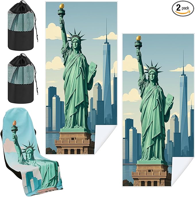 2 Pack Car Seat Towel Covers with Storage Bag 63 x 32 Inch Athletic Running Towel Seat Sweat Washable Non Slip Cover Gift for Car Outdoor Sport Activities (Statue of Liberty)