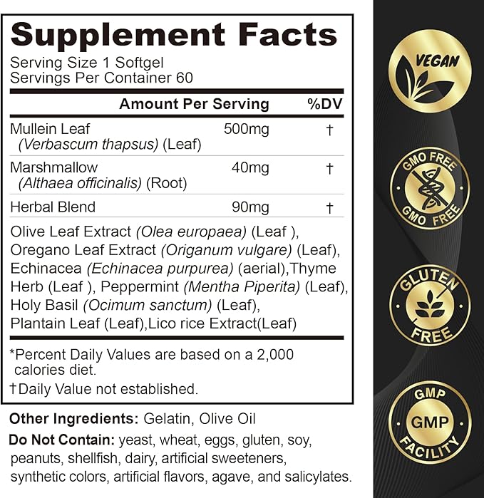 Mullein Leaf Extract for Lungs Softgels, Lung Cleanse Lung Detox for Smokers, Respiratory Support Lung and Bronchial Support, Vegan, Non-GMO, Immune Digestive Support, 60-Count, 60 Days Supply