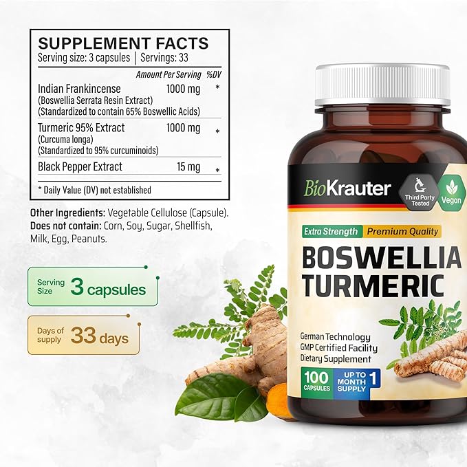 BIO KRAUTER Turmeric Supplement with Boswellia Extract Capsules - 2000 mg Blend - 100 Count - Vegan Boswellia Turmeric (Curcumin) - Formula w/Black Pepper