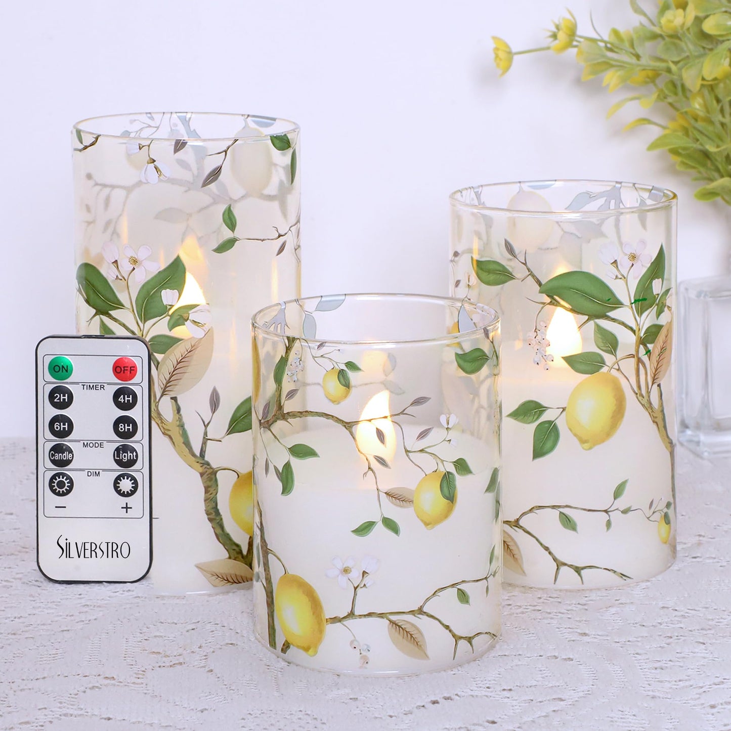 Flameless LED Candles with Remote Lemon Decal Glass Flickering Battery Operated Candles for Home Room Party Wedding Holiday Summer Decor - Set of 3