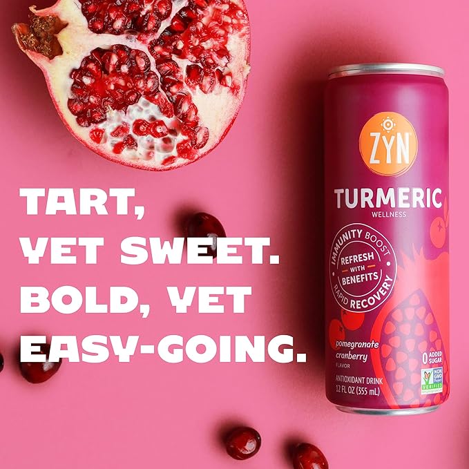 ZYN Turmeric Wellness Drink (24 Pack), Pomegranate Cranberry Flavored Turmeric Curcumin Drink with Black Pepper, No Added Sugar, Low Carb & Low Calorie Drink, Clean Alternative